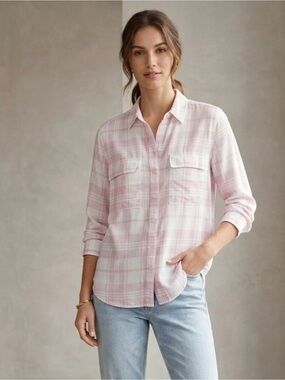 Aritzia Babaton Soft Pink and White Plaid Utility Button Down Shirt, Size Small